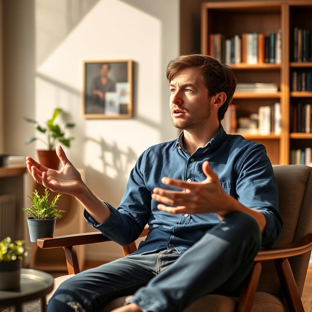 A person sitting comfortably on a modern chair, with a thoughtful expression as they describe something with their hands gesturing animatedly