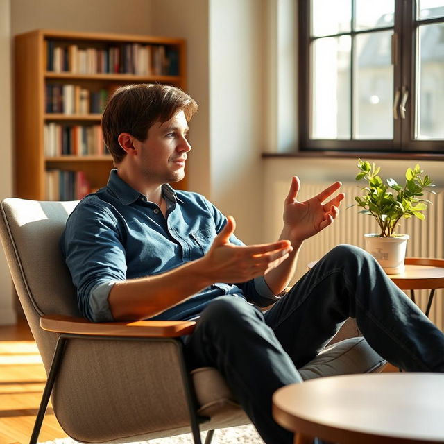 A person sitting comfortably on a modern chair, with a thoughtful expression as they describe something with their hands gesturing animatedly