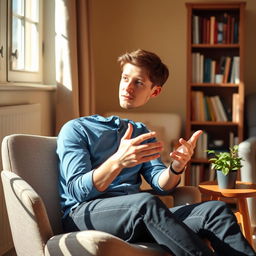 A person sitting comfortably on a modern chair, with a thoughtful expression as they describe something with their hands gesturing animatedly