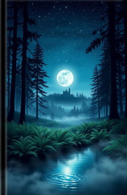A book cover design that features a mystical forest under a night sky filled with twinkling stars