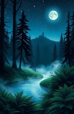 A book cover design that features a mystical forest under a night sky filled with twinkling stars