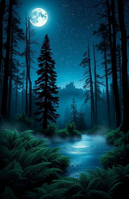 A book cover design that features a mystical forest under a night sky filled with twinkling stars