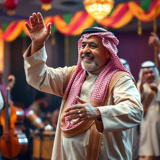 An elderly Saudi Arabian man dancing joyfully in traditional attire, showcasing a vibrant kandura and a beautifully patterned ghutrah