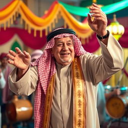 An elderly Saudi Arabian man dancing joyfully in traditional attire, showcasing a vibrant kandura and a beautifully patterned ghutrah