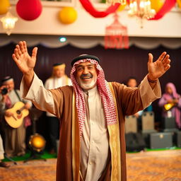 An elderly Saudi Arabian man dancing joyfully in traditional attire, showcasing a vibrant kandura and a beautifully patterned ghutrah