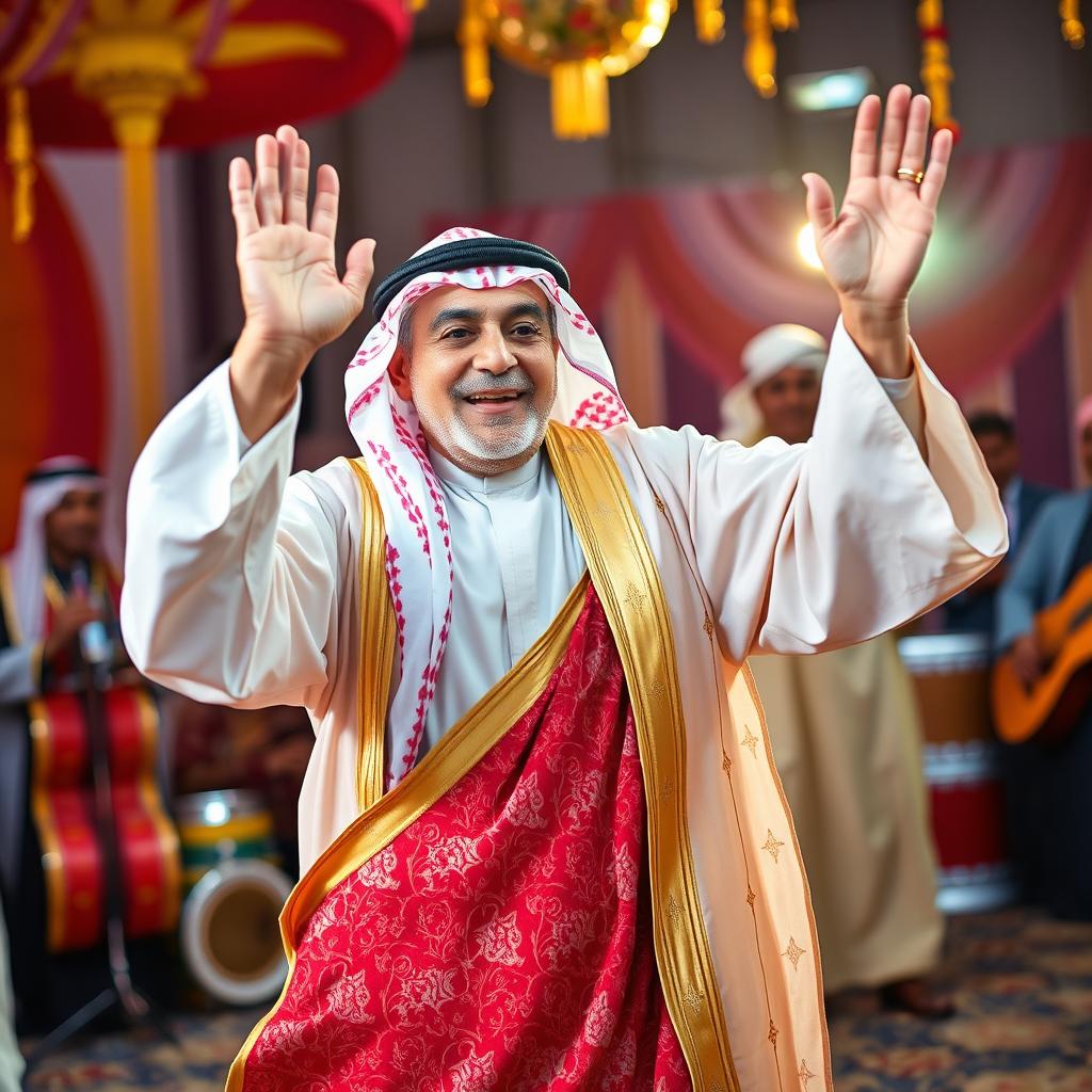 An elderly Saudi Arabian man dancing joyfully in traditional attire, showcasing a vibrant kandura and a beautifully patterned ghutrah