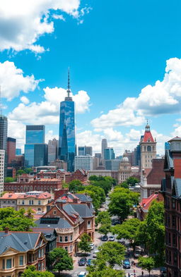 A picturesque cityscape depicting a vibrant big city atmosphere, showcasing an array of detailed houses and towering buildings