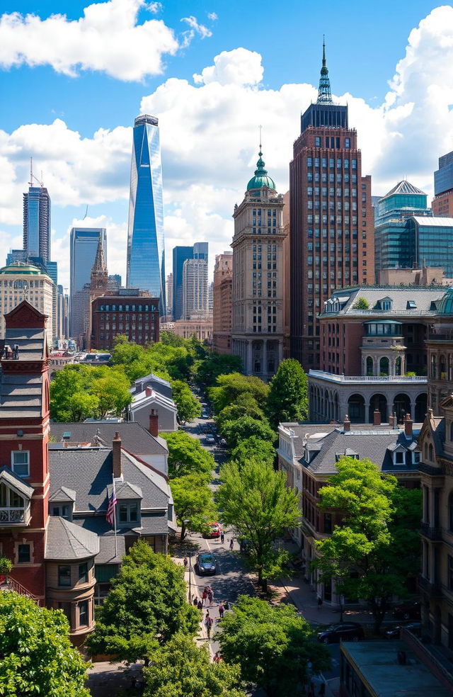 A picturesque cityscape depicting a vibrant big city atmosphere, showcasing an array of detailed houses and towering buildings