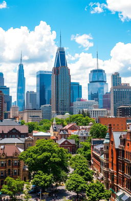 A picturesque cityscape depicting a vibrant big city atmosphere, showcasing an array of detailed houses and towering buildings