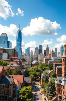 A picturesque cityscape depicting a vibrant big city atmosphere, showcasing an array of detailed houses and towering buildings