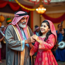 An elderly Saudi Arabian man and a young Saudi Arabian girl dancing together in traditional attire, with the man wearing a colorful kandura and a patterned ghutrah, and the girl in a beautiful, ornate dress with traditional motifs