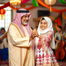 An elderly Saudi Arabian man and a young Saudi Arabian girl dancing together in traditional attire, with the man wearing a colorful kandura and a patterned ghutrah, and the girl in a beautiful, ornate dress with traditional motifs