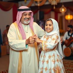An elderly Saudi Arabian man and a young Saudi Arabian girl dancing together in traditional attire, with the man wearing a colorful kandura and a patterned ghutrah, and the girl in a beautiful, ornate dress with traditional motifs