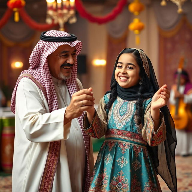 An elderly Saudi Arabian man and a young Saudi Arabian girl dancing together in traditional attire, with the man wearing a colorful kandura and a patterned ghutrah, and the girl in a beautiful, ornate dress with traditional motifs