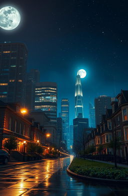 A captivating night scene of a big city, featuring an array of towering skyscrapers and charming row houses, lit up by glowing windows and streetlights