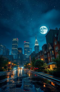 A captivating night scene of a big city, featuring an array of towering skyscrapers and charming row houses, lit up by glowing windows and streetlights