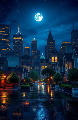 A captivating night scene of a big city, featuring an array of towering skyscrapers and charming row houses, lit up by glowing windows and streetlights