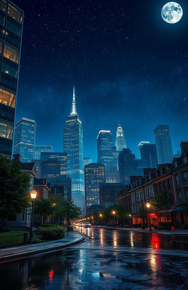A captivating night scene of a big city, featuring an array of towering skyscrapers and charming row houses, lit up by glowing windows and streetlights