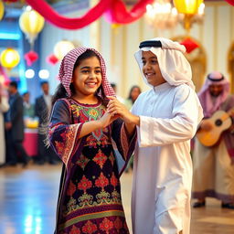 A young Saudi Arabian girl and boy dancing together joyfully in traditional attire, with the girl in a beautifully embroidered dress featuring vibrant colors and patterns, and the boy wearing a classic thobe and a matching headscarf