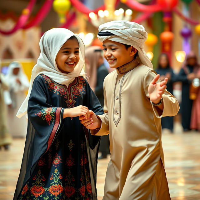 A young Saudi Arabian girl and boy dancing together joyfully in traditional attire, with the girl in a beautifully embroidered dress featuring vibrant colors and patterns, and the boy wearing a classic thobe and a matching headscarf