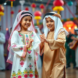 A young Saudi Arabian girl and boy dancing together joyfully in traditional attire, with the girl in a beautifully embroidered dress featuring vibrant colors and patterns, and the boy wearing a classic thobe and a matching headscarf