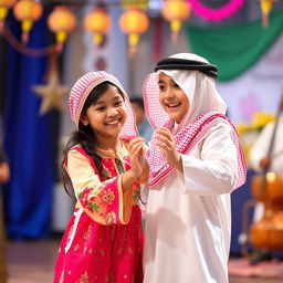 A young Saudi Arabian girl and boy dancing together joyfully in traditional attire, with the girl in a beautifully embroidered dress featuring vibrant colors and patterns, and the boy wearing a classic thobe and a matching headscarf