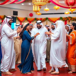 A group of young Saudi Arabian men and women engaging in a lively traditional dance together, dressed in colorful traditional attire