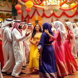 A group of young Saudi Arabian men and women engaging in a lively traditional dance together, dressed in colorful traditional attire