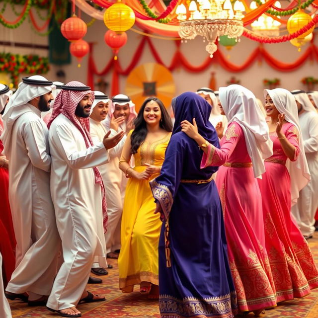 A group of young Saudi Arabian men and women engaging in a lively traditional dance together, dressed in colorful traditional attire