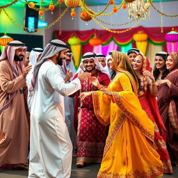A group of young Saudi Arabian men and women engaging in a lively traditional dance together, dressed in colorful traditional attire