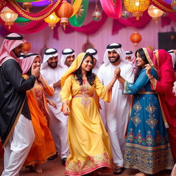 A group of young Saudi Arabian men and women engaging in a lively traditional dance together, dressed in colorful traditional attire
