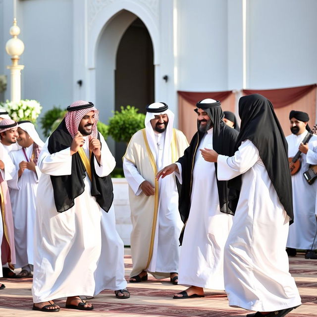 A group of Saudi Arabian scholars and religious leaders engaging in a traditional dance, dressed in elegant white thobes and black bishts