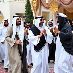 A group of Saudi Arabian scholars and religious leaders engaging in a traditional dance, dressed in elegant white thobes and black bishts