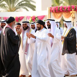 A group of Saudi Arabian scholars and religious leaders engaging in a traditional dance, dressed in elegant white thobes and black bishts