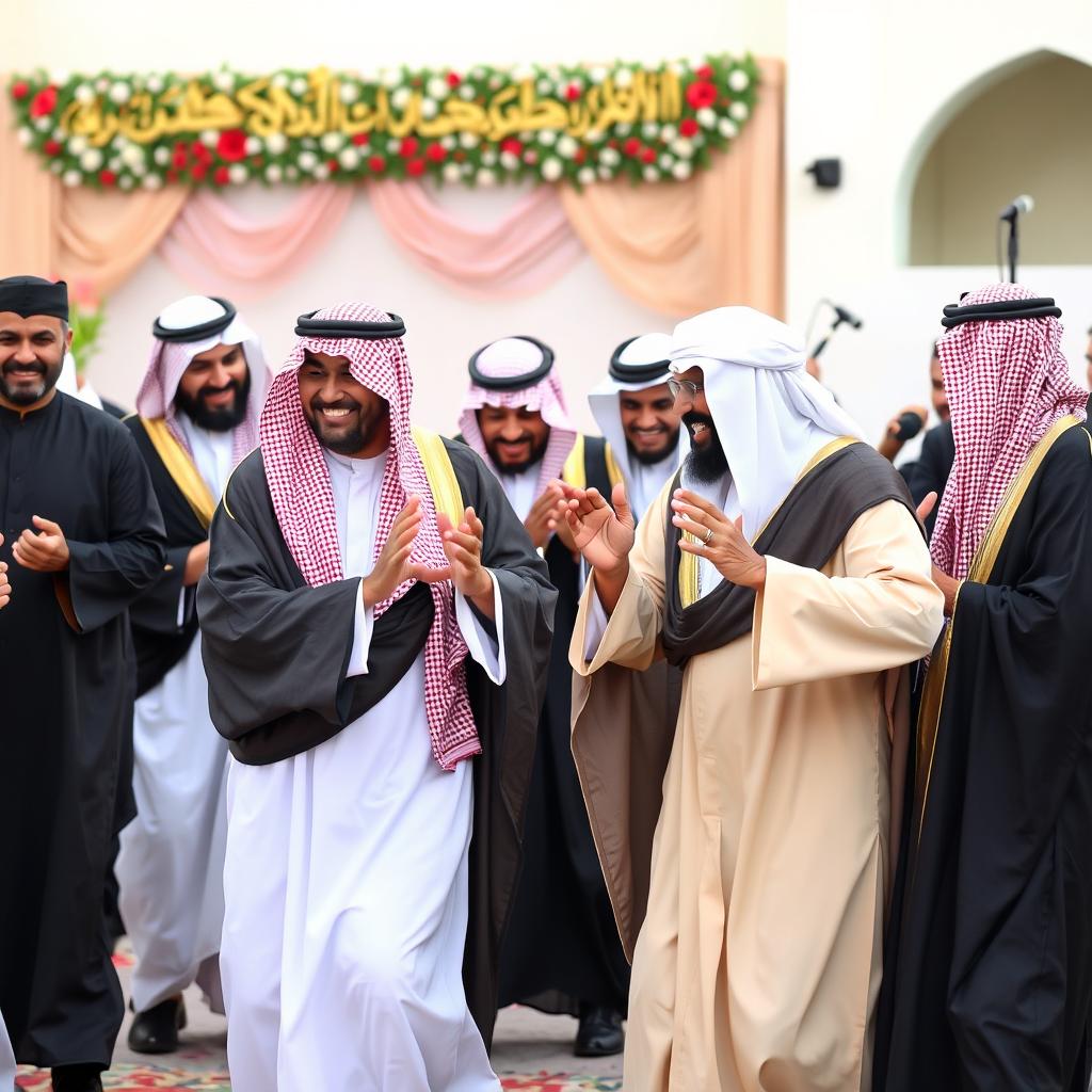 A group of Saudi Arabian scholars and religious leaders engaging in a traditional dance, dressed in elegant white thobes and black bishts