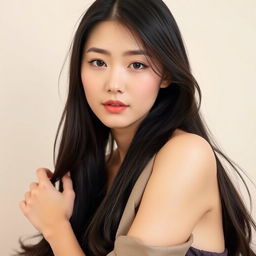 A stunning Korean beauty, showcasing flawless skin and delicate features, wearing a stylish modern outfit