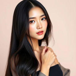 A stunning Korean beauty, showcasing flawless skin and delicate features, wearing a stylish modern outfit
