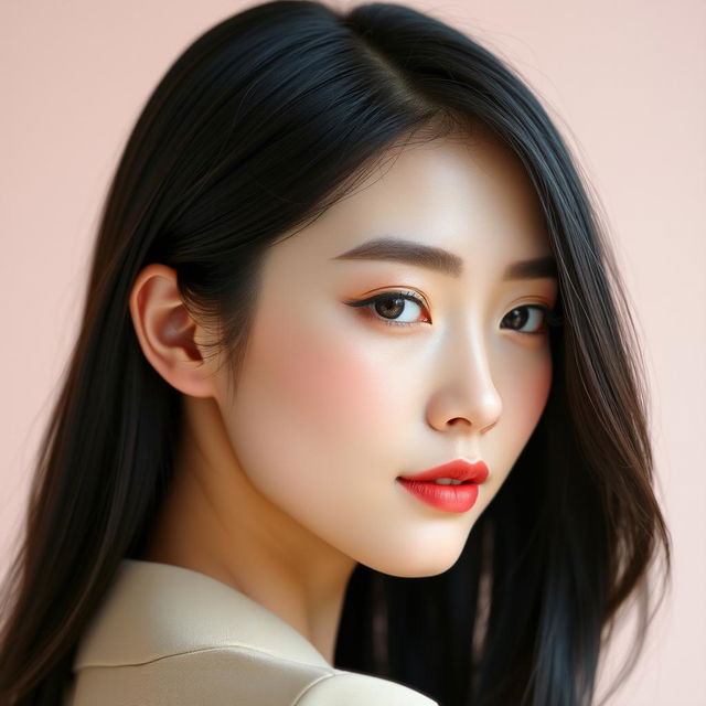 A stunning Korean beauty, showcasing flawless skin and delicate features, wearing a stylish modern outfit