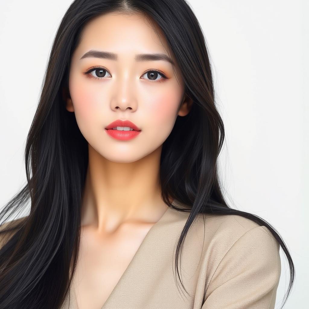 A stunning Korean beauty, showcasing flawless skin and delicate features, wearing a stylish modern outfit