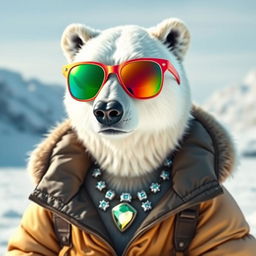 A stylish polar bear wearing colorful sunglasses, adorned with a few shiny jewels around its neck, and clad in a huge, fashionable jacket