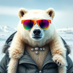 A stylish polar bear wearing colorful sunglasses, adorned with a few shiny jewels around its neck, and clad in a huge, fashionable jacket