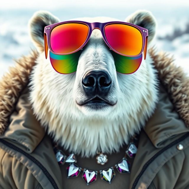 A stylish polar bear wearing colorful sunglasses, adorned with a few shiny jewels around its neck, and clad in a huge, fashionable jacket