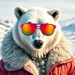 A stylish polar bear wearing colorful sunglasses, adorned with a few shiny jewels around its neck, and clad in a huge, fashionable jacket