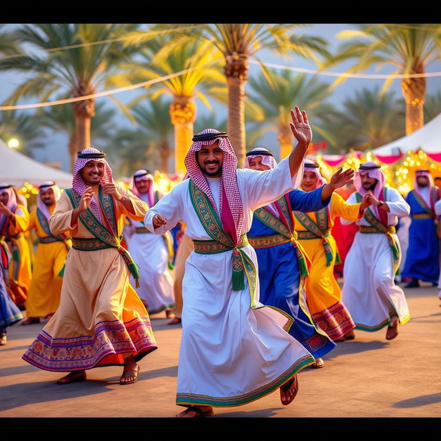 A vibrant scene depicting traditional Saudi Arabian dancers in colorful attire performing a lively dance