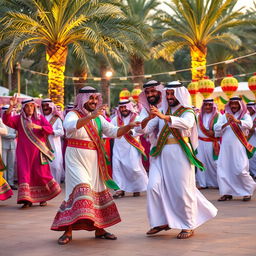 A vibrant scene depicting traditional Saudi Arabian dancers in colorful attire performing a lively dance