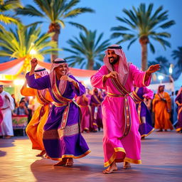A vibrant scene depicting traditional Saudi Arabian dancers in colorful attire performing a lively dance