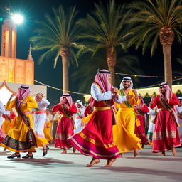A vibrant scene depicting traditional Saudi Arabian dancers in colorful attire performing a lively dance