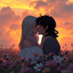 A scene of a beautiful dark-haired girl with platinum blonde hair and a dark-haired boy with black hair and brown eyes sharing a tender kiss