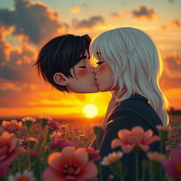 A scene of a beautiful dark-haired girl with platinum blonde hair and a dark-haired boy with black hair and brown eyes sharing a tender kiss