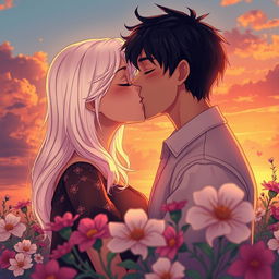 A scene of a beautiful dark-haired girl with platinum blonde hair and a dark-haired boy with black hair and brown eyes sharing a tender kiss